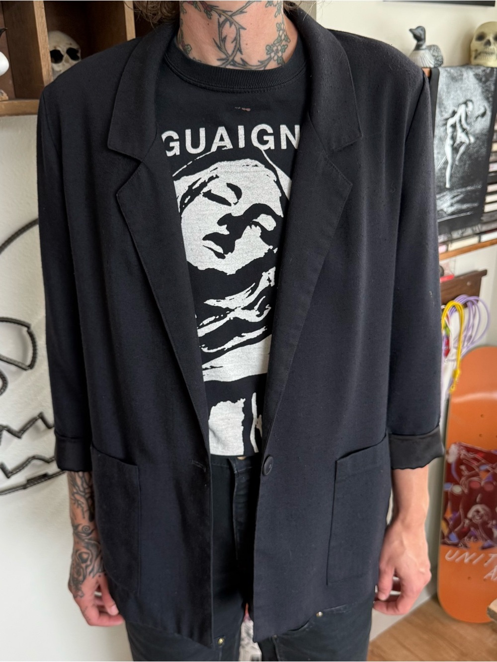 Vintage 80s Black Linen Blend Single Button Blazer ~ Size Medium